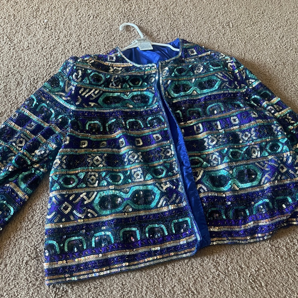 Blue Embellished sequined 80s styled jacket